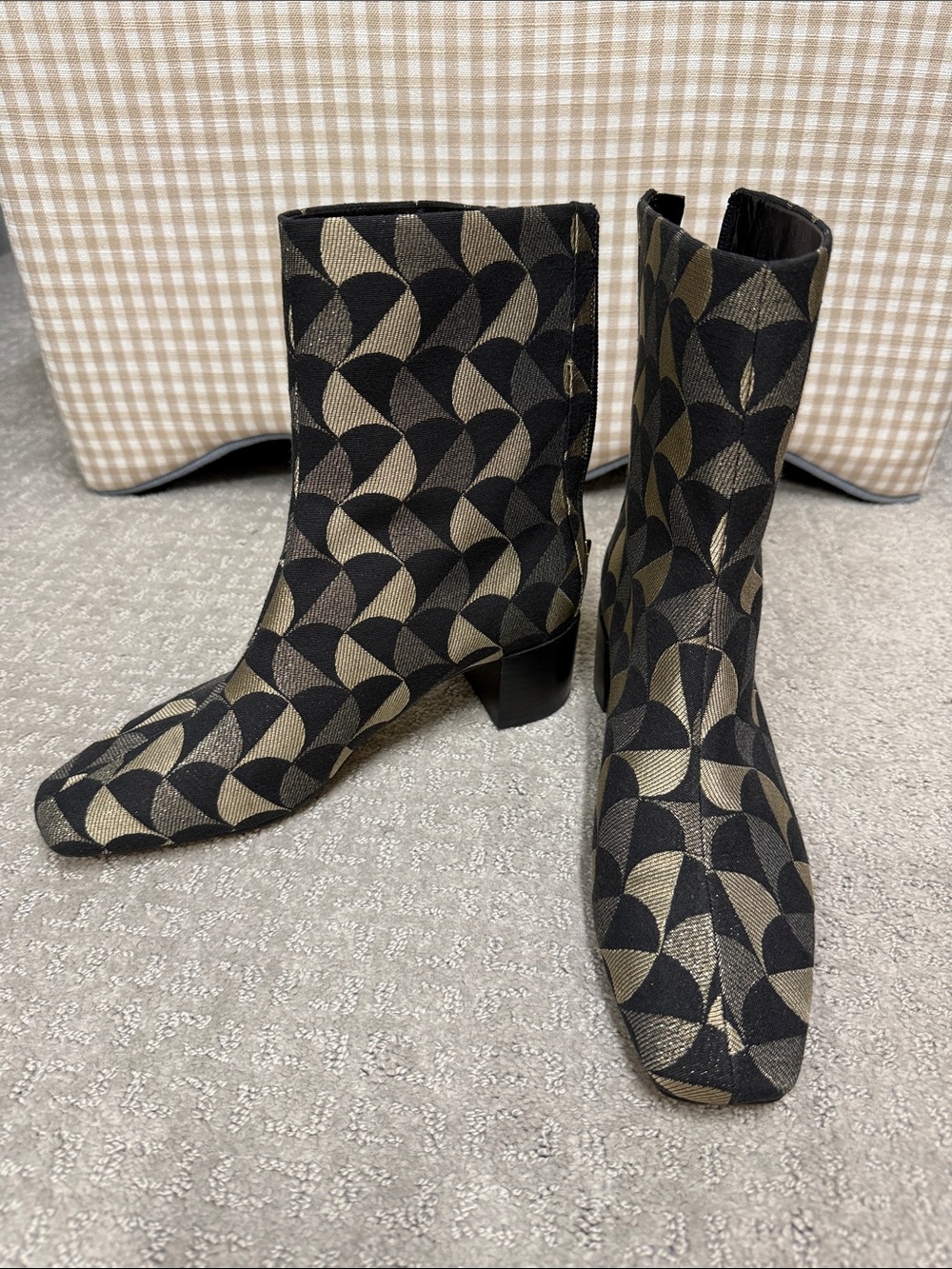 Ann Taylor Black and Gold Geometric Ankle Boots